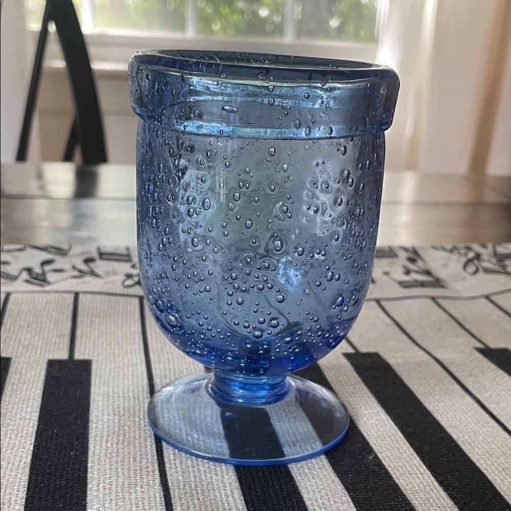 Blue Footed Handblown Numerous Air Bubble Glass Seeded Goblet or Candle Holder